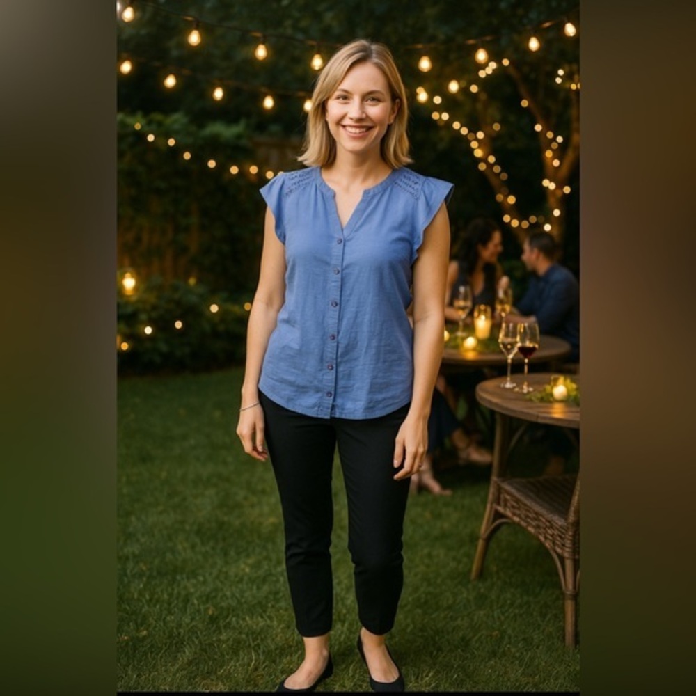 Style & Co light blue v-neck button-down, flutter sleeves, lace trim shoulders.